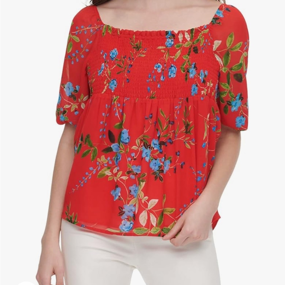 Calvin Klein red floral puff sleeve  blouse